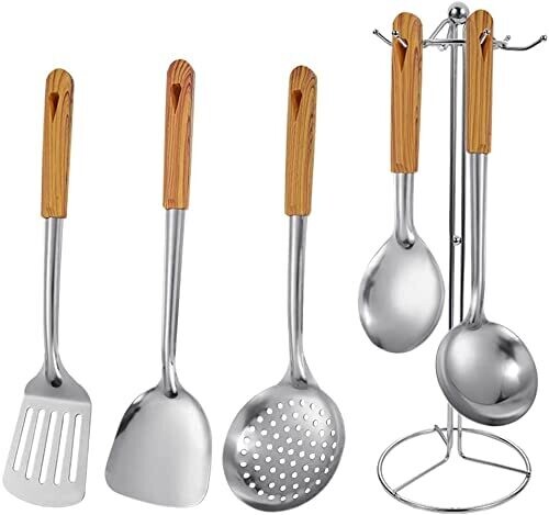 EMNDR Kitchen Utensil Set, 5 Piece Stainless Steel Cooking Utensil Set with Holder, Kitchen Gadgets Kitchen Cookware Tool Set with Wooden Handle