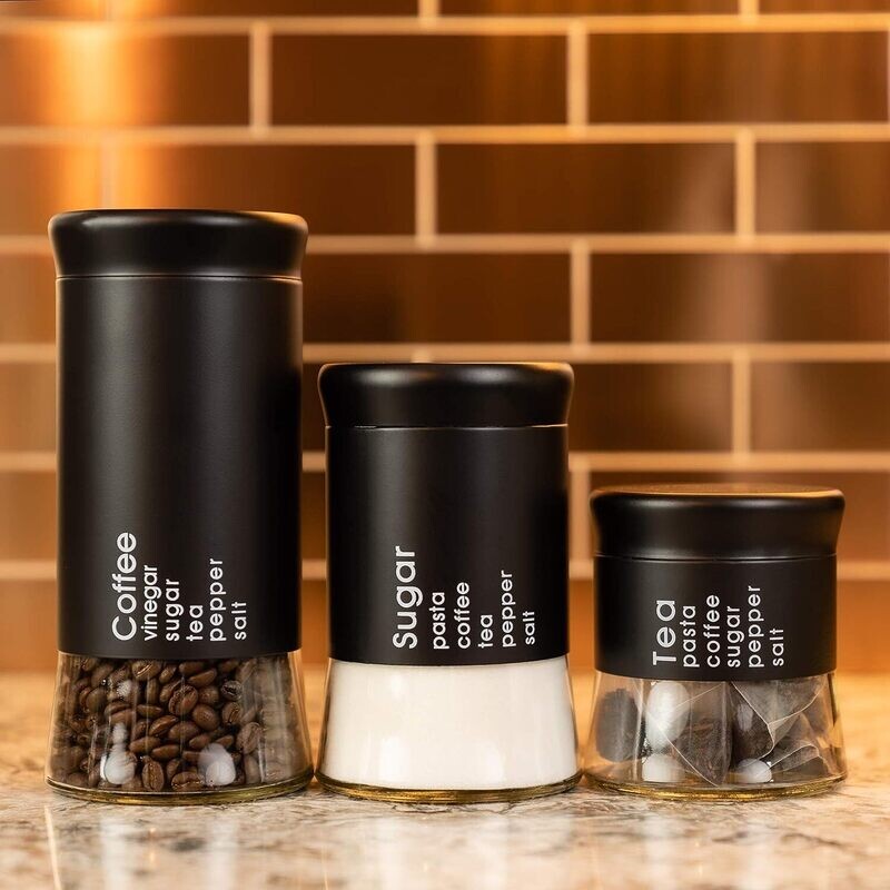 Glass Storage Containers Jar 3pc Set - 800ml, 600ml, 400ml BLACK