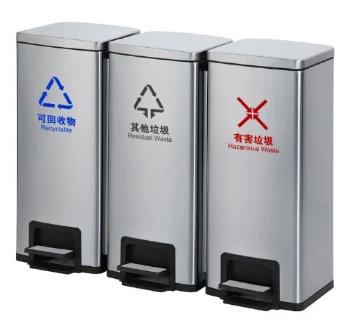 Classified Stainless Steel DustBin - 3 Sections with Pedals, 90L Total Capacity