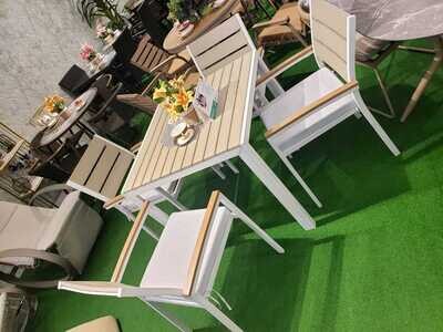 Aisha White/Oak 5-Piece Patio Furniture Set - 4 Seats + 1 Table