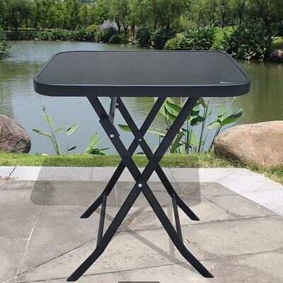 Garden Bistro Set Folding Glass Table Square Black Tampered glass top 60*60cm Planetsky