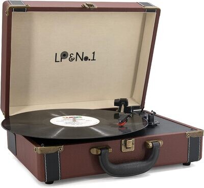 LP&No.1 Portable Suitcase Turntable with Stereo Speaker, 3 Speeds Belt-Drive Vinyl Record Player, Brown with Black