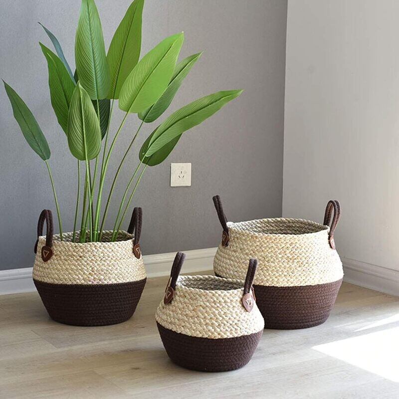 Woven Seagrass Belly Basket for Storage, Woven Straw Beach Bag with Handle, Rattan Woven Dried Flower Vases, for Laundry, Picnic, Plant Pot Cover, Grocery, Toy