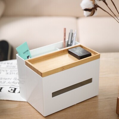 Deli 8916 Bamboo Plastic Desktop Storage Box Tissue Box (White)