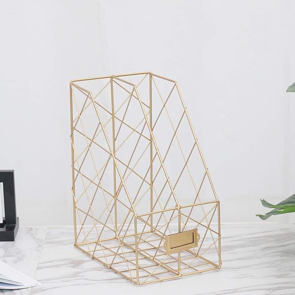 Double Desktop Magazine Rack, Organiser Label Holder for Newspaper Rack, Gold - L16xW24xH30cm