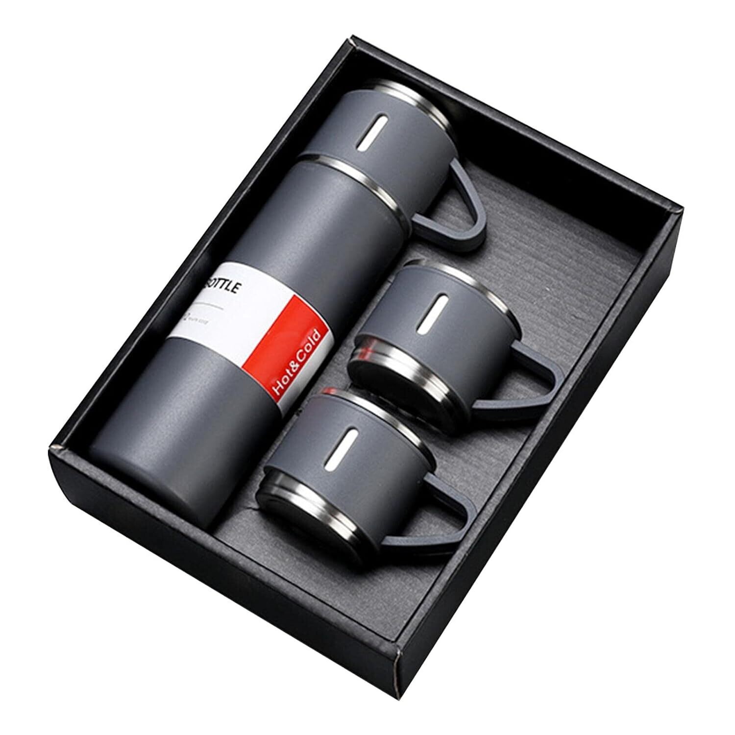 Vacuum Flask Set: 500ml Vacuum Bottle with 3 Cups - Gray, Presented in a Gift Box and Gift Bag