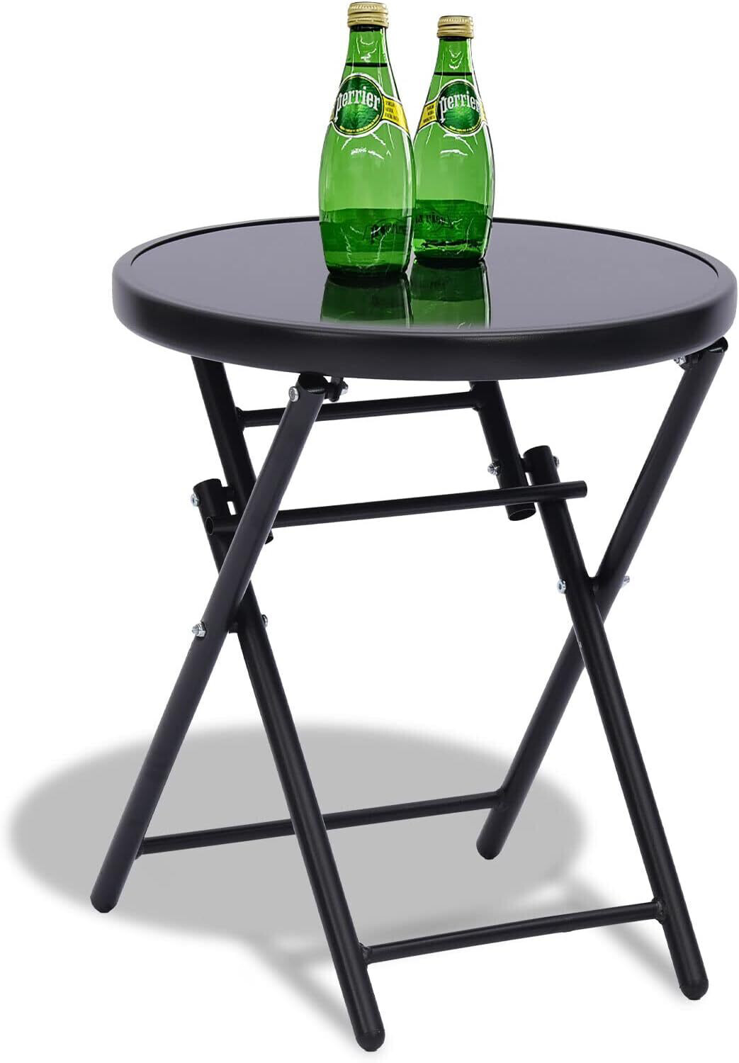 Round Folding Side Accent Coffee Tea Table Tempered Glass Top Metal End Table Indoor Outdoor for Backyard Balcony Poolside Sunroom- Black PlanetSky 80cm #4002406