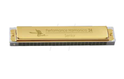 Premium 24-Hole Senior Performance Golden Harmonica with Protective Plastic Box - Model SW24H-1