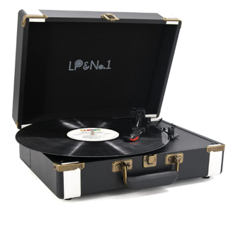 LP&No.1 Suitcase Vinyl Record Player - Portable 3-Speed Turntable with Built-in Speakers, RCA Output, Line-in Input, and Headphone Jack (Black with White Model LPSC-501/ST15020-9A)