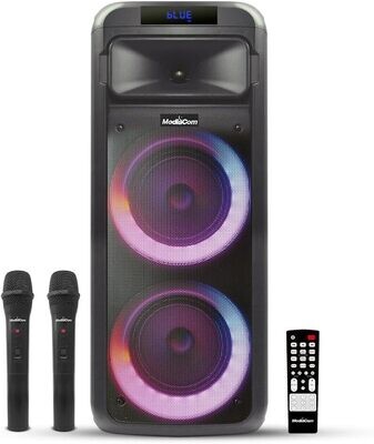 Mediacom MCI 525 Portable Party Speaker with Battery, Bluetooth, and 2 Wireless Mics - 30W RMS Power, Dual Speaker Outputs, Color Changing Lights