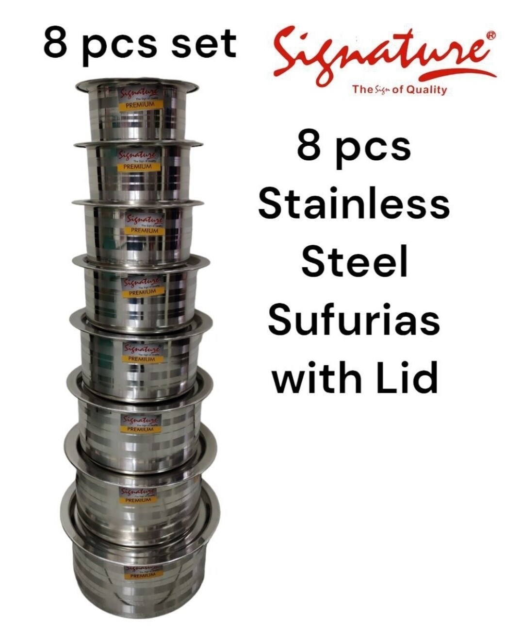 Signature 8pcs Sufurias with lids. Stainless Steel Cooking Pots