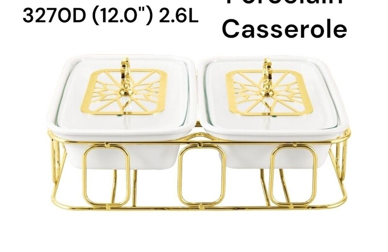 CX-3270D 12" Twin (2.6 Ltr) Rectangle Porcelain Casserole with Warmer Rack