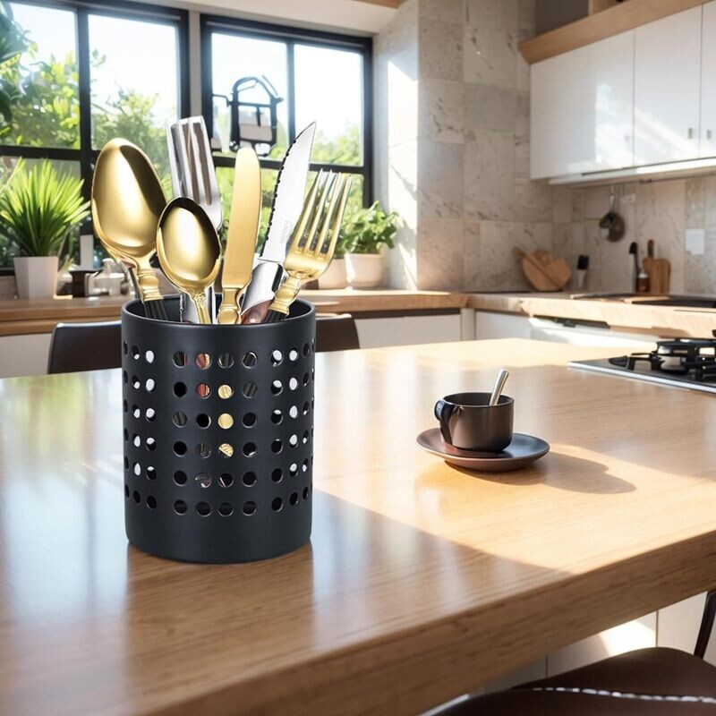 Black Utensil Holder/Cutlery Holder 18/8 - Sturdy Metal Silverware Organizer (11.5cm x 13.5cm)