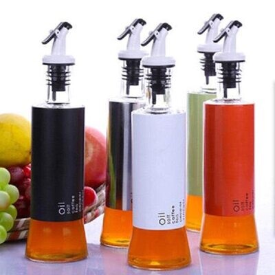 Elegant glass oil dispenser bottle with strong steel stopper white red or green