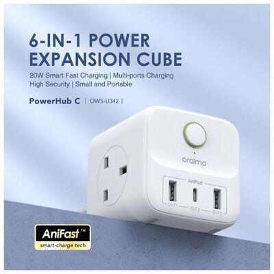Oraimo OWS-U342 PowerHub C 6-In-1 Smart Fast Charging High Security Small and Portable Power Expansion Cube.