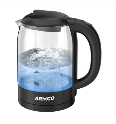 Armco AKT-1755GS 1.7L Glass Cordless Kettle - Fast Boiling, Fully Transparent, Black