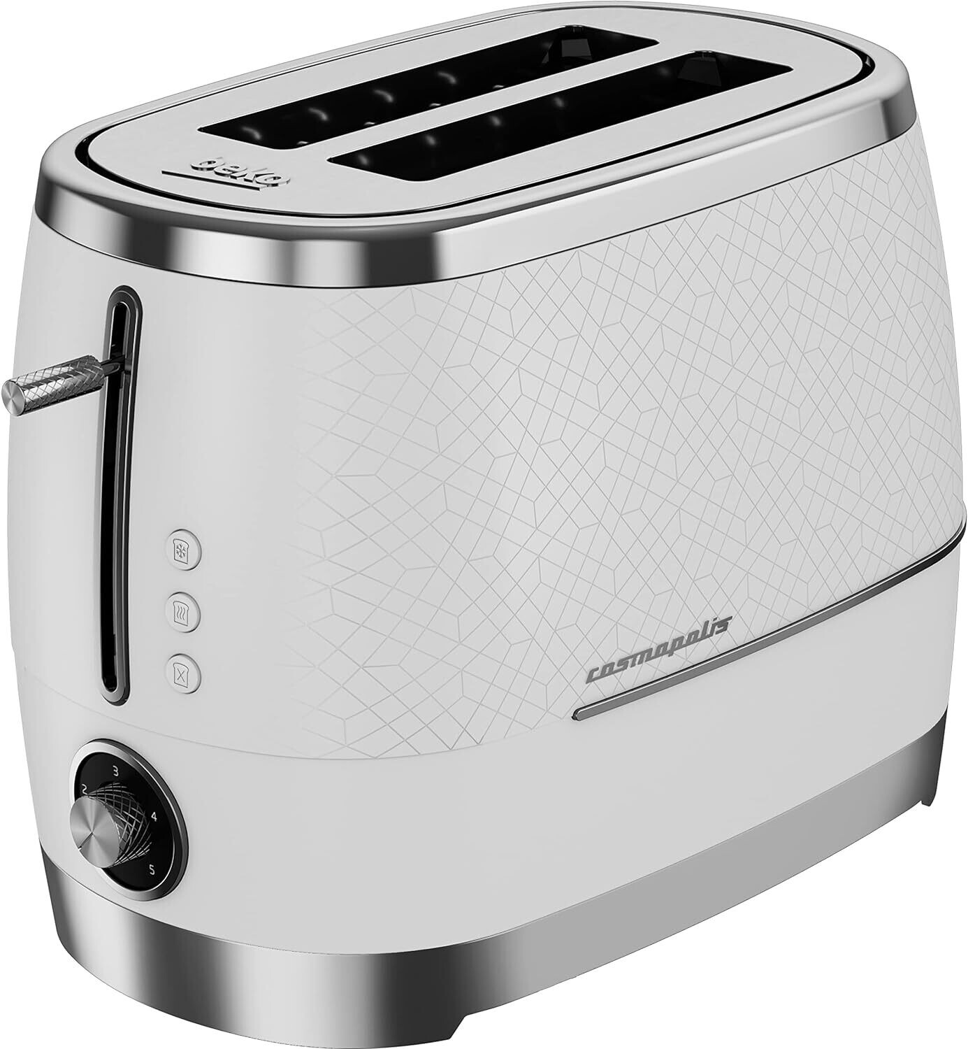 BEKO Cosmopolis Toaster TAM8202CR - White Chrome Design, Extra Wide Slot 2-Slice with Defrost, Reheat, and Cancel Functions