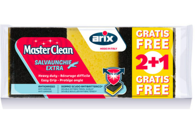 Arix Masterclean Heavy Duty Sponge Scourer - Easy-Grip, Antibacterial Treatment, Value Pack 2+1 FREE