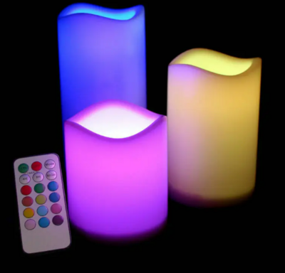 Set of 3 Ivory Flameless Flickering LED Pillar Candles - Remote Controlled Multicolor Lighting for Wedding, Home, and Table Decor - Model CA-13