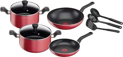 Tefal Super Cook Non Stick Cooking Pots With Thermo-Spot 9 Pcs Cooking Set, Red, Aluminium, B243S986