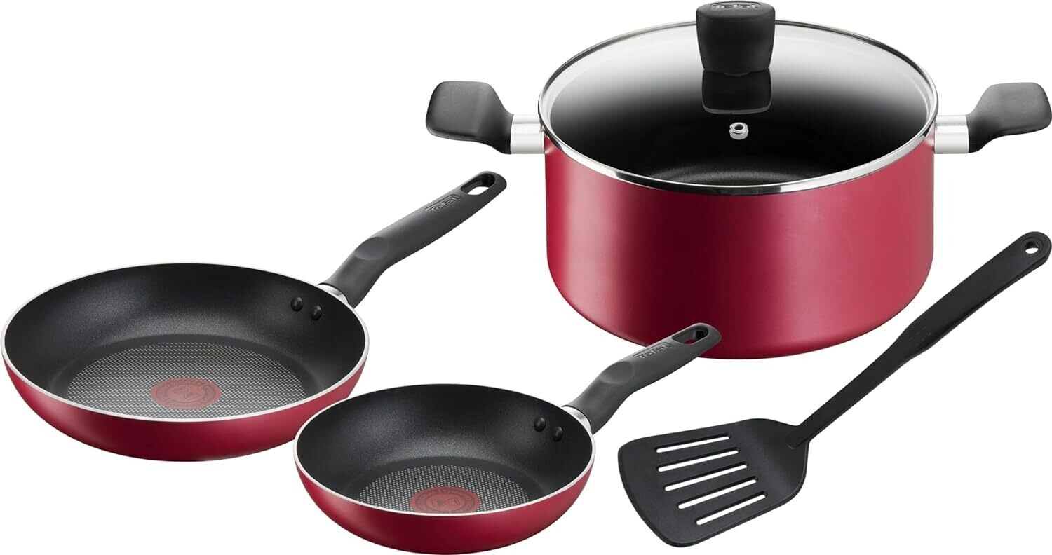 TEFAL Super Cook 5-Piece Non-Stick Cooking Pots and Frypans Set - Red