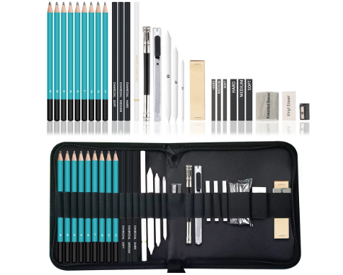 Artist Paint Brush Set:  28-Piece Art Supply Kit: Sketch Pencils, Erasers &amp; More (SS18)