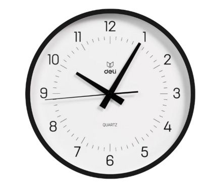 Deli LE401 Modern Wall Clock (Black) - Round, Quartz Movement, Battery Powered - 300mm Diamete