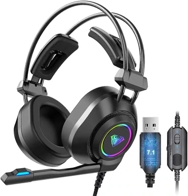 AULA S600 USB Wired Gaming Headset 7.1 Surround Sound with Microphone and LED Lights
