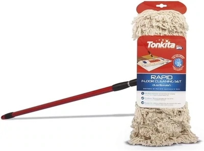 Tonkita Rapid Set Cotton Flat Mop With Stick, Red & Offwhite, TK847 - Superior Floor and Wall Cleaning
