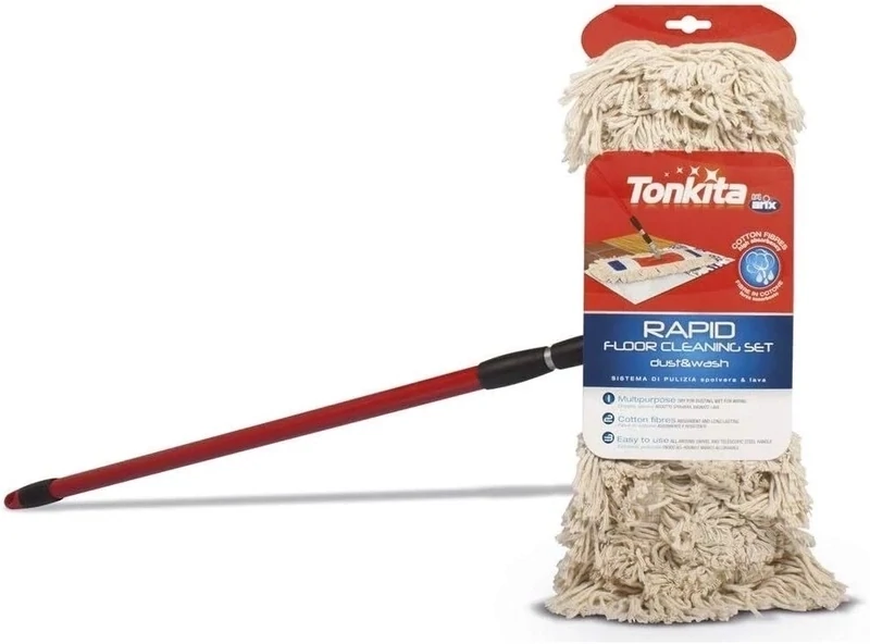 Tonkita Rapid Set Cotton Flat Mop With Stick, Red &amp; Offwhite, TK847 - Superior Floor and Wall Cleaning