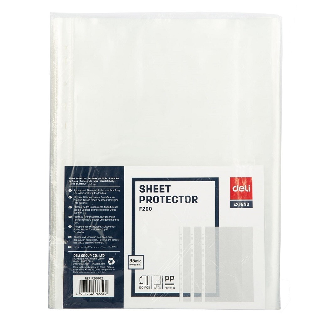 DELI Page Protectors | A4, Budget-Friendly (35 Micron), 100 Pack (F200)
