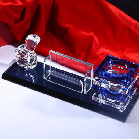 Gift crystal deskset with hand shake, card holder & Blue transparent pen holder 29X8X8 CM