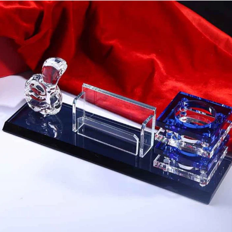 Gift crystal deskset with hand shake, card holder &amp; Blue transparent pen holder  29X8X8 CM #SCO-040