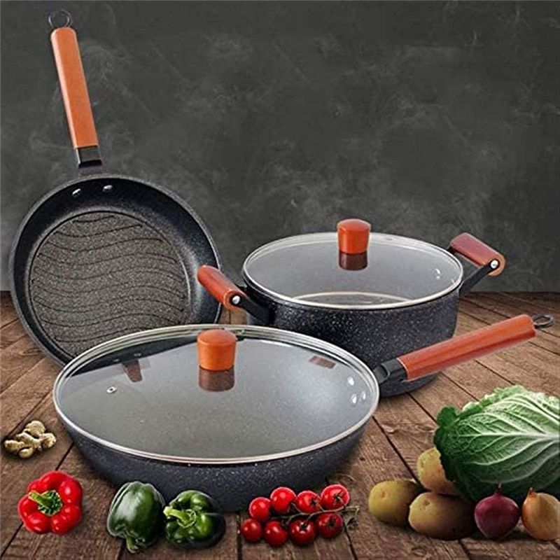Damanni 3pcs non stick cooking pots set pot 26cm, grill pan 26cm, wok pan 30cm, + lid26cm
