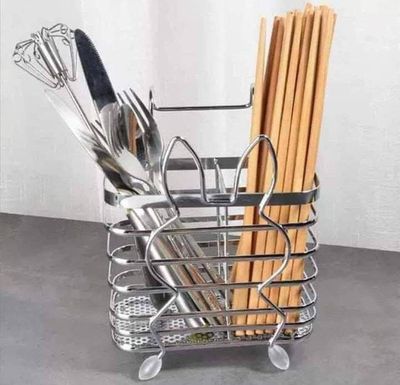 Triangular stainless steel cutlery holder 16cmx9cmx15cm. Can be hooked to shelf or dish rack