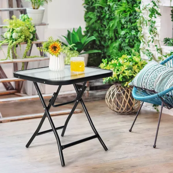 Patio Folding Square Glass Side Table Bistro Coffee Table Plant Stand
