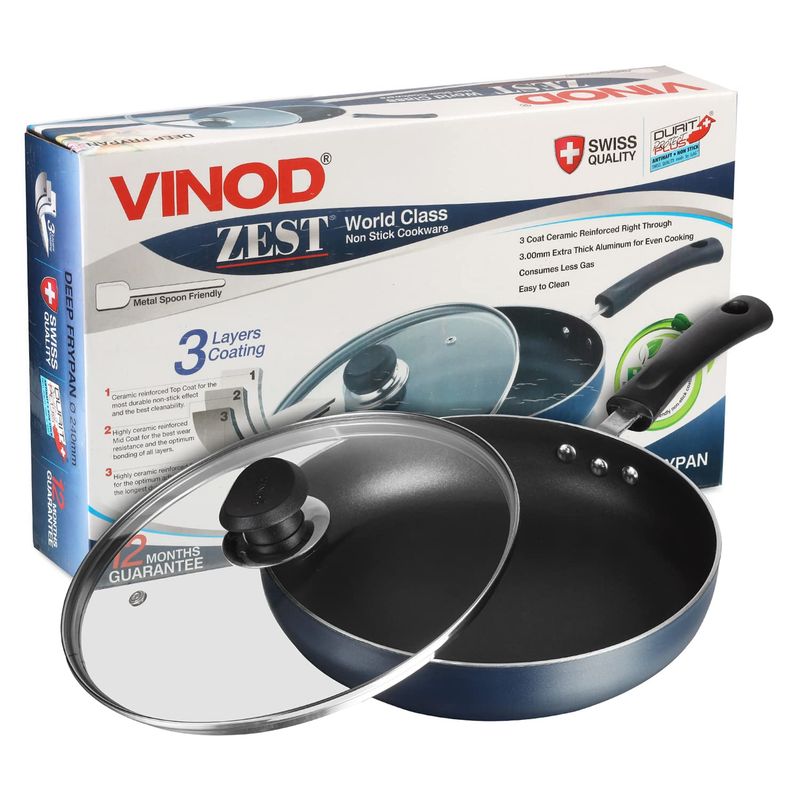 Vinod Zest Aluminium Non Stick Deep Frypan with Glass Lid - 26 cm | 3 Layer Ceramic Coating | 3 mm Extra Thick