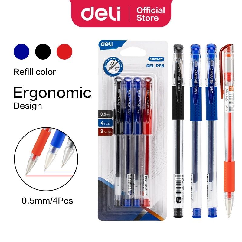 DELI E6600S-MT GEL PEN 0.5MM - BLISTER PACK OF 4PCS - (2PCS BLUE, 1PC BLACK, 1PC RED)