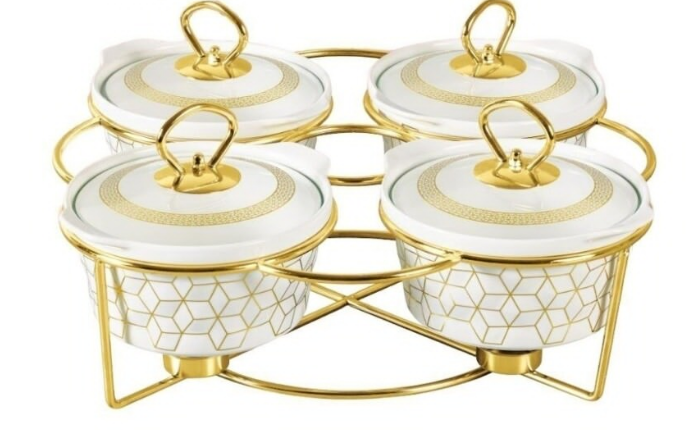 SG-CX-2485-4 7.0&quot; (2.8 Ltr) 4 pcs Round Porcelain Casserole with Warmer Rack