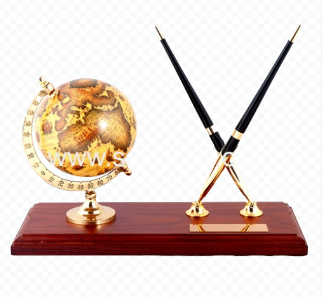 Wooden Desk Set Pen Holder with Two Ballpoint Pens and World Globe Model 1055