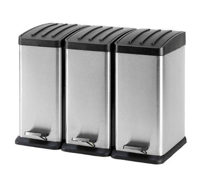 Triple-Compartment Recycling Dustbin 27L  with Pedals (Black &amp; Silver) Model 45L-PD-STEEL-3P