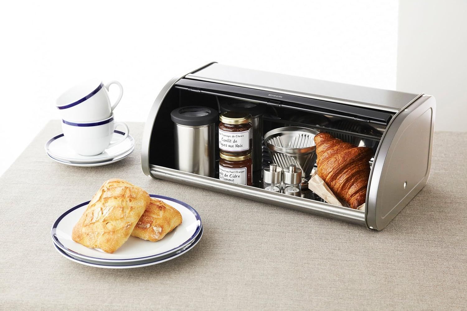 Brabantia Roll Top Bread Box (Stainless steel) Large Front Opening Flat Top Bread Box, Fits 2 Loaves, Ideal for Kitchen Counter