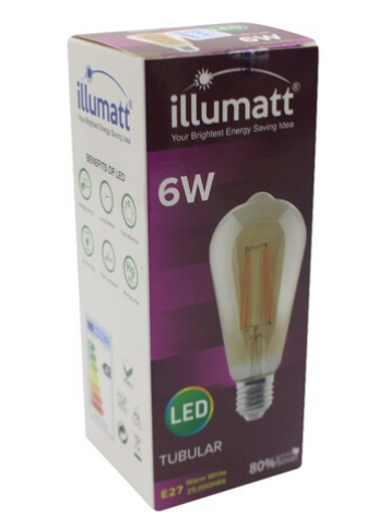ILLUMAT 6W LED TUBULAR FILAMENT WW E27