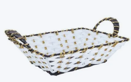 Rectangular Rattan Bread Basket with Handles - White and Brown Model CC05