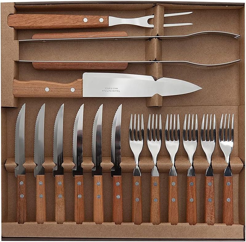 Tramontina  Dynamic Natural Wood Barbecue Kitchen Tools 15 Piece Set Churrasco Tools Durable Stainless Steel Large Size Natural Wood 22399/028