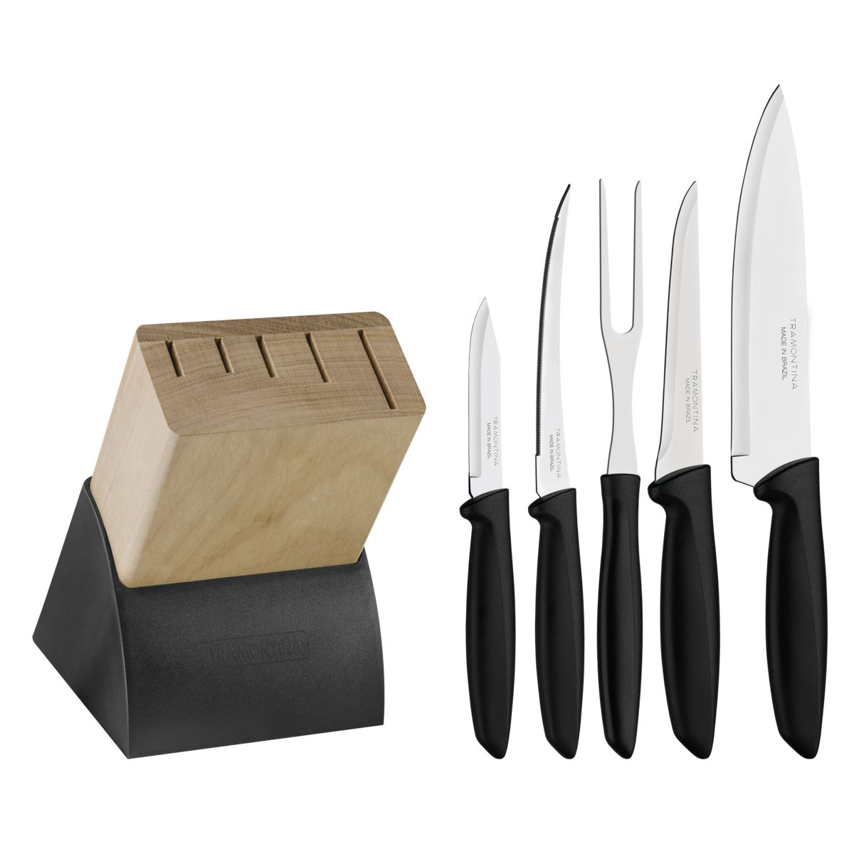Tramontina 23498/015 Plenus 6-Piece Knife Set with Stainless Steel Blades, Black Polypropylene Handles and Wood Block