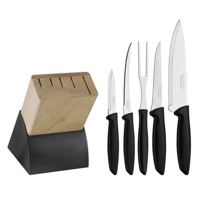 Tramontina 23498/015 Plenus 6-Piece Knife Set with Stainless Steel Blades, Black Polypropylene Handles and Wood Block