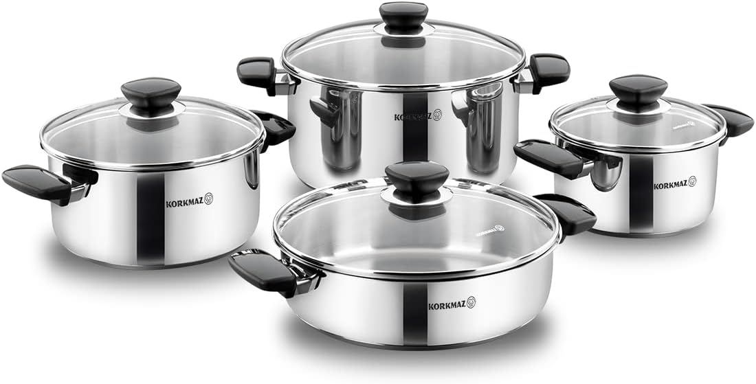 Korkmaz Kappa 8 Piece High-End Stainless Steel Induction-Ready Cookware Set with Tri-Ply Encapsulated Base