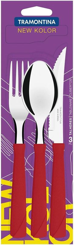 Tramontina 23199/769 Steak Knife, 7.9 inches (20 cm), Table Fork, 7.1 inches (18 cm), Tablespoon 7.1 inches (18 cm), New Color, Set of 3, Red, Dishwasher Safe, Lightweight, Made in Brazil