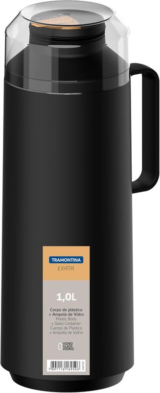 Tramontina Thermos Flask with Cup Lid and Interior Glass Container (Black, 1.0l) 61637/103